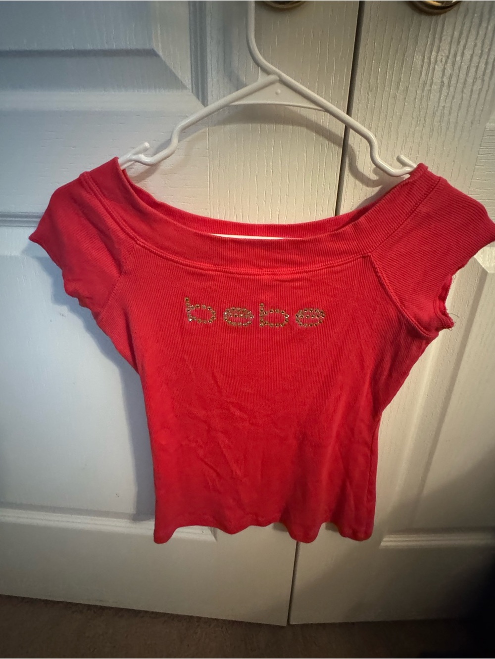 bebe pink Off-Shoulder Rhinestone Logo Crop Tee